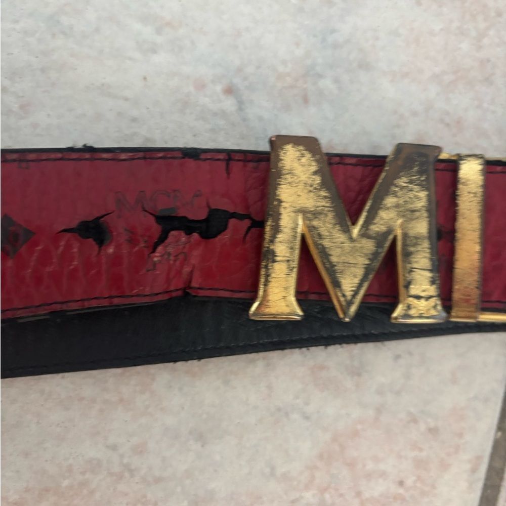 MCM Claus Leather Belt Red Gold logo wide dress suit belt accessory